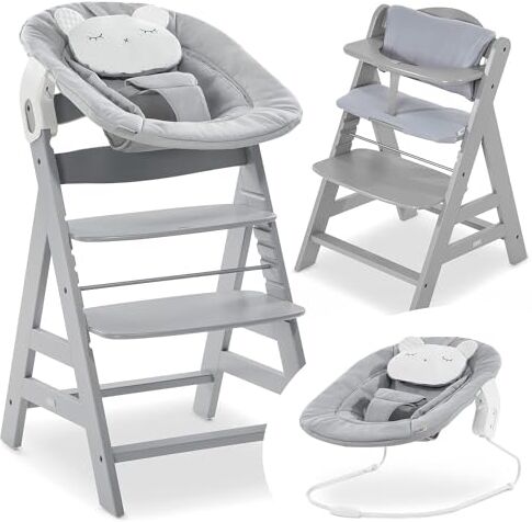 Hauck Seggiolone Pappa Alpha Plus Newborn Set con Sdraietta Neonati Seggiolone Legno Evolutivo con Sdraietta Dondolo Neonati e Cuscino (Pastell Bear, Grigio)