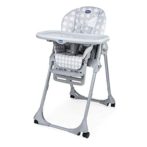 Chicco Polly Easy Seggiolone Pappa Evolutivo per Bambini da 6 Mesi a 3 Anni (15 kg), Reclinabile a Sdraietta Altezza e Poggiapiedi Regolabili, 4 Ruote, Chiusura Compatta Giraffe, Grigio