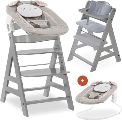 Hauck Seggiolone Pappa Alpha Plus Newborn Set con Sdraietta Neonati Seggiolone Legno Evolutivo con Sdraietta Dondolo Neonati e Cuscino Grigio Beige, Coniglio