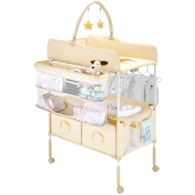 VEVOR Fasciatoio Pieghevole con 2 Cassetti in Tessuto, Cestino Laterale e Asta Appendiabiti, Fasciatoio Portatile Regolabile in Altezza con Ruote Bloccabili e 2 Giocattoli, Beige Chiaro VEVOR Fasciatoio Pieghevole con 2 Cassetti in Tessuto, Cestino Laterale e Asta Appendiabiti, Fasciatoio Portatile Regolabile in Altezza con Ruote Bloccabili e 2 Giocattoli, Beige Chiaro
