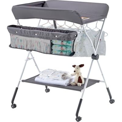 VEVOR Fasciatoio per Neonati, Fasciatoio Pieghevole con Cestino Laterale Portatile ad Altezza Regolabile con Ruote Bloccabili, Organizzatore Multifunzionale per Cameretta dei Bambini, Grigio Scuro VEVOR Fasciatoio per Neonati, Fasciatoio Pieghevole con Cestino Laterale Portatile ad Altezza Regolabile con Ruote Bloccabili, Organizzatore Multifunzionale per Cameretta dei Bambini, Grigio Scuro