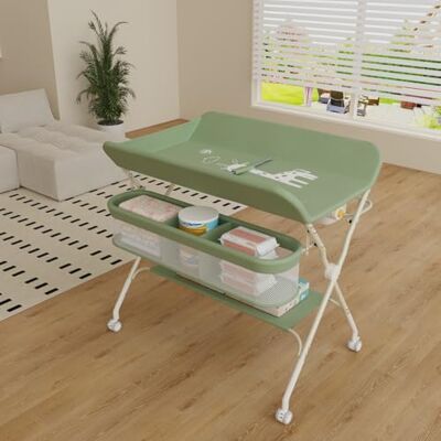LANTUS Fasciatoio con ruote, pieghevole, fasciatoio portatile, 5 ripiani regolabili, cestino portaoggetti da appendere per neonati, per cameretta dei bambini, 75 x 68 x 83-91 cm (A) verde LANTUS Fasciatoio con ruote, pieghevole, fasciatoio portatile, 5 ripiani regolabili, cestino portaoggetti da appendere per neonati, per cameretta dei bambini, 75 x 68 x 83-91 cm (A) verde