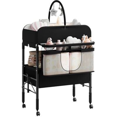 CherishCradle Fasciatoio Pieghevole Portatile Per Neonato, Altezza Regolabile Con Ruote Bloccabili, 2 Cassetti e Piano Impermeabile, Fasciatoio Con Vaschetta Per Bagnetto CherishCradle Fasciatoio Pieghevole Portatile Per Neonato, Altezza Regolabile Con Ruote Bloccabili, 2 Cassetti e Piano Impermeabile, Fasciatoio Con Vaschetta Per Bagnetto