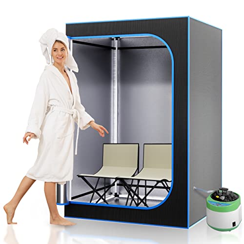SereneLife Full Size Portable Sauna Tent for Two Person, Collapsible Home Body Therapy Spa Steam Heating Kit Machine for Relaxation with 1600W Steamer Pot, 2 Foldable Chairs, Level And Timer Setting