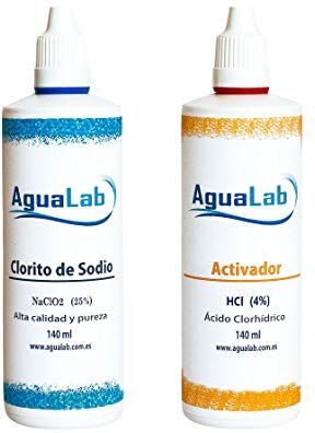 AGUALAB ® Kit per la Produzione di Diossido di Cloro 140+140ml Clorito di Sodio al 25% e Acido Cloridrico (HCI) al 4% Idoneo come Disinfettante di Acqua Potabile Non adatto per consumo umano