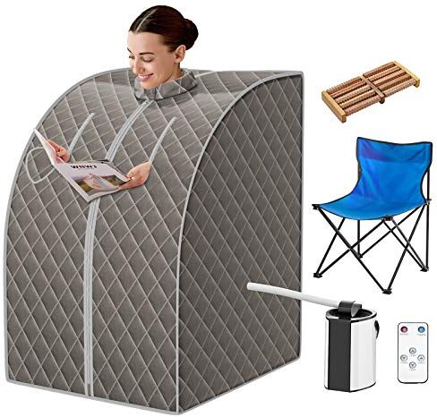 COSTWAY 1000 W Sauna a Vapore Portatile con Telecomando, Sauna Domestica Bagno di Vapore con Sedia, Sauna Spa 3L, Funziona Timer 15-90 min (Grigio)