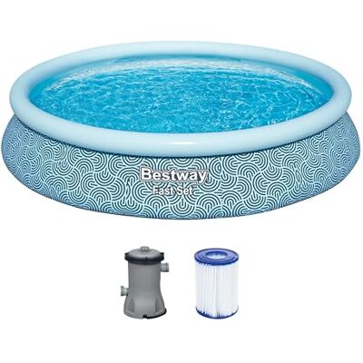 Bestway Fast Set piscina con pompa filtro, Ø 457 x 84 cm, 9,677 litri, materiale TriTech, design a linea grafica, autoassemblante, valvola di scarico, pompa filtro, cartuccia filtro, toppe di Bestway Fast Set piscina con pompa filtro, Ø 457 x 84 cm, 9,677 litri, materiale TriTech, design a linea grafica, autoassemblante, valvola di scarico, pompa filtro, cartuccia filtro, toppe di