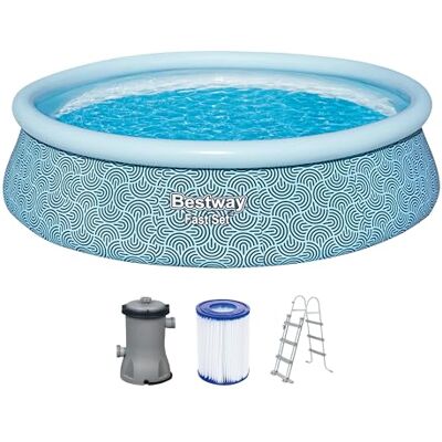Bestway Fast Set piscina con pompa filtro, Ø 457 x 107 cm, 12,362 litri, design a linea grafica, materiale TriTech, pompa filtro, scala di sicurezza, toppe di riparazione, colore blu Bestway Fast Set piscina con pompa filtro, Ø 457 x 107 cm, 12,362 litri, design a linea grafica, materiale TriTech, pompa filtro, scala di sicurezza, toppe di riparazione, colore blu