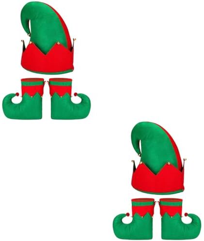 TOYANDONA Ciabatte 6 Pezzi Scarpe Da Elfo Di Natale Cappello Da Elfo Di Natale Stivaletti Di Flanella Da Elfo Costume Di Natale Scarpe Pantofola Con Campanelle Di Natale Per La Festa