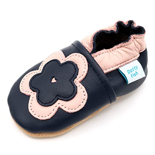 Dotty Fish Scarpine in Pelle Prima Infanzia. Scarpe Bimbi per Primi Passi con Suola Scamosciata. Fiore Blu Navy e Rosa. 3-4 Anni (27 EU)