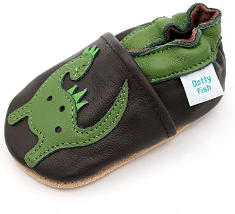 Dotty Fish Scarpine in Pelle Prima Infanzia. Scarpe Bimbi per Primi Passi con Suola Scamosciata. Marrone con Dinosauro Verde. 12-18 Mesi (21 EU)