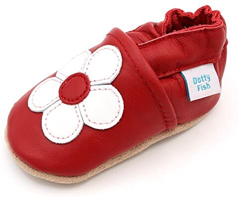 Dotty Fish Scarpine in Pelle Prima Infanzia. Scarpe Bimbi per Primi Passi con Suola Scamosciata. Fiore Rosso e Bianco. 18-24 Mesi (23 EU)