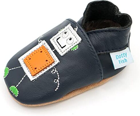 Dotty Fish Scarpine in Pelle Prima Infanzia. Scarpe Bimbi per Primi Passi con Suola Scamosciata. Blu Navy con Robot d'Argento. 0-6 Mesi (17 EU)