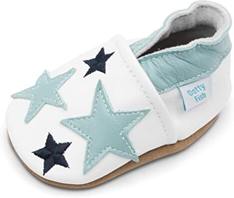 Dotty Fish Scarpine in Pelle Prima Infanzia. Scarpe Bimbi per Primi Passi con Suola Scamosciata. Bianco con Stelle Blu. 2-3 Anni (25 EU)