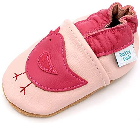 Dotty Fish Scarpine in Pelle Prima Infanzia. Scarpe Bimbi per Primi Passi con Suola Scamosciata. Uccello Rosa. 2-3 Anni (25 EU)