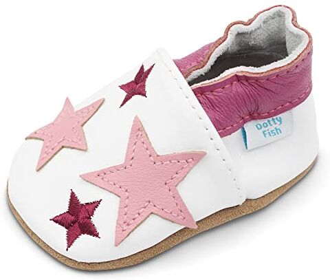 Dotty Fish Scarpine in Pelle Prima Infanzia. Scarpe Bimbi per Primi Passi con Suola Scamosciata. Bianco con Stelle Rosa. 12-18 Mesi (21 EU)