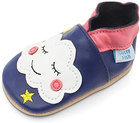 Dotty Fish Scarpine in Pelle Prima Infanzia. Scarpe Bimbi per Primi Passi con Suola Scamosciata. Nuvola Blu e Rosa. 2-3 Anni (25 EU)