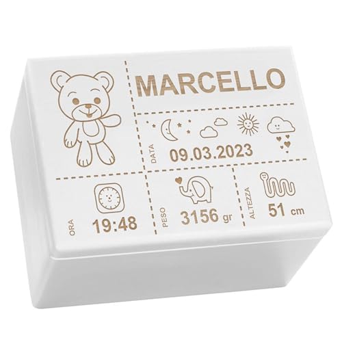 LAUBLUST Scatola dei ricordi del bambino Orsacchiotto Regalo personalizzato per il bambino   Taglia XL, ca. 40 x 30 x 24 cm, Bianco Scatola decorativa in legno con coperchio, FSC®