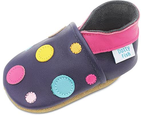 Dotty Fish Scarpine in Pelle Prima Infanzia. Scarpe Bimbi per Primi Passi con Suola Scamosciata. Blu Scuro con Puntini Colorati. 4-5 Anni (28 EU)