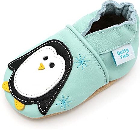 Dotty Fish Scarpine in Pelle Prima Infanzia. Scarpe Bimbi per Primi Passi con Suola Scamosciata. Blu Pallido con Pinguino. 3-4 Anni (27 EU)