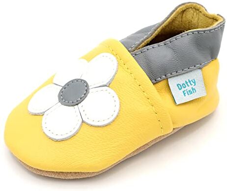 Dotty Fish Scarpine in Pelle Prima Infanzia. Scarpe Bimbi per Primi Passi con Suola Scamosciata. Fiore Giallo e Grigio. 18-24 Mesi (23 EU)