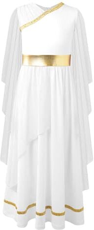 Mufeng Costume da Angelo Greca per Bambina Costume Medievale Maxi Toga Dea Greca Costume Dea Romana Abito da Principessa Costume di Halloween Carnevale A Bianco 9-10 anni