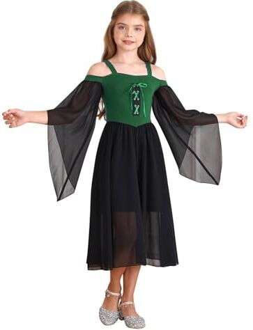 MSemis Vestito Rinascimentale Bambina Abito Carnevale con Manica Svasata Vintage Vestito da Principessa Medievale Cosplay Travestimento Costume di Halloween Fancy Dress Verde I 7-8 anni