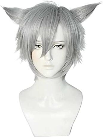 SEIZIS 2022 Cos Wig Parrucca Anime Final Fantasy XIV Parrucca Cosplay Miqo'te, Con Orecchie Parrucca Argento Corta, Parrucca Costume Halloween, for Halloween, Festa In Costume, Spettacolo Di Anime, Evento Co