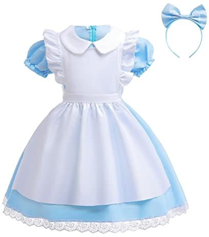 Lito Angels Vestito Costume Alice nel paese delle Meraviglie con Grembiule Bianco e Cerchio per Capelli per Bambina Taglia 6-8 anni, Blu (Etichetta in Tessuto 130)