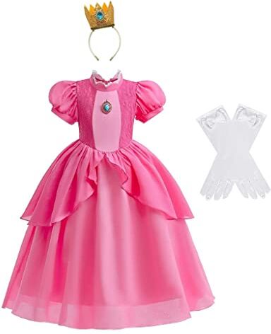 Lito Angels Vestito Costume Principessa Peach con Corona e Guanti per Bambina, Taglia 3-4 anni, Rosa Caldo (Etichetta in Tessuto 100)