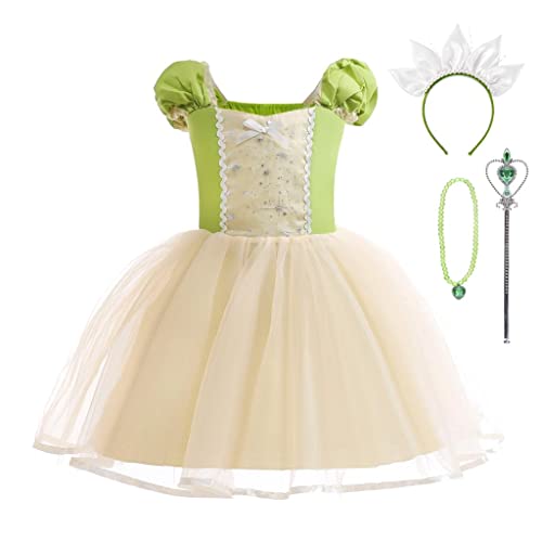 Lito Angels Vestito Costume da Principessa Tiana e Il Ranocchio con Accessori per Bambina Taglia 2-3 Anni, Verde