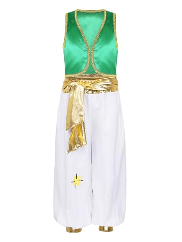 renvena Bambino Abito Principe Arabo Oriente Sultano Costumi Carnevale Halloween Gilet+Pantaloni Set Costume Genio della Lampada Cosplay Travestimenti Gioco di Ruolo Verde C 11-12 anni