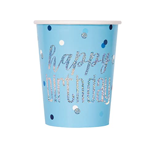 Unique - Bicchieri di Carta-266 ml-Compleanno Glitz Lamina Blu e Argento-Confezione da 8, Blue, Happy Birthday,