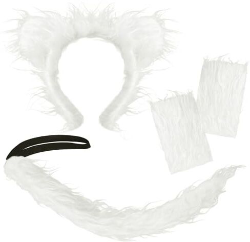 XEPST Animale Lupo Costume Set, Orecchie di lupo e la Coda Costume Set Lupo Fascia Fluffy Paws Coda per Animal Costume di Compleanno Halloween Costume Fancy Dress Rifornimenti del Partito, Bianco