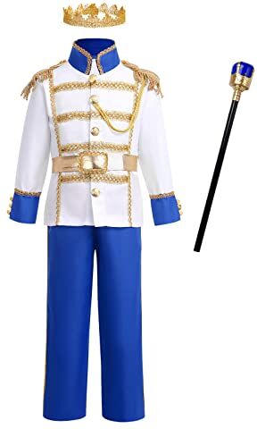 IMEKIS Ragazzi Costume da Principe Reale Costume da Principe Azzurro per Bambini Giacca a Maniche Lunghe Pantaloni Fantasia Medievale re Set Carnevale di Halloween Set da Festa di Ruolo Blu 5-7 anni