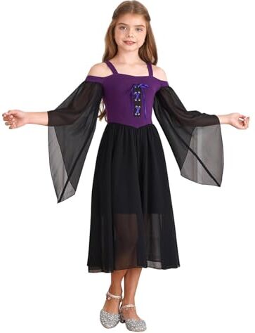 MSemis Vestito Rinascimentale Bambina Abito Carnevale con Manica Svasata Vintage Vestito da Principessa Medievale Cosplay Travestimento Costume di Halloween Fancy Dress Viola I 7-8 anni