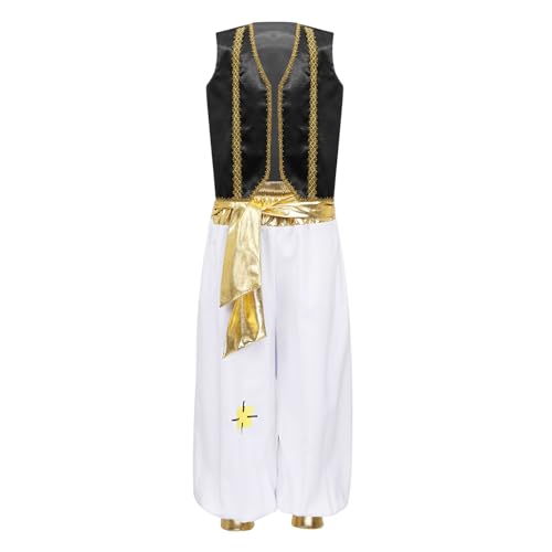 renvena Bambino Abito Principe Arabo Oriente Sultano Costumi Carnevale Halloween Gilet+Pantaloni Set Costume Genio della Lampada Cosplay Travestimenti Gioco di Ruolo Nero B 9-10 anni