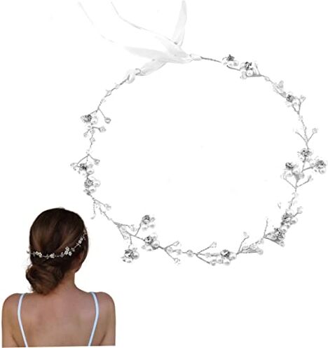 Generic Fascia per capelli da sposa Copricapo da sposa in cristallo bianco Copricapo da principessa floreale con perle Decorazione per la camera per accessorio per capelli 44 cm Argento