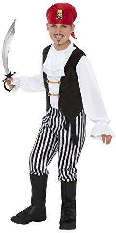 SMIFFYS Smiffy's-  Costume da Pirata, Camicia, Pantaloni, Copri-Scarpe, Sciarpa Sc Ragazzo, Nero & Bianco, 4-6 Anni,