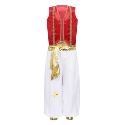 renvena Bambino Abito Principe Arabo Oriente Sultano Costumi Carnevale Halloween Gilet+Pantaloni Set Costume Genio della Lampada Cosplay Travestimenti Gioco di Ruolo Borgogna B 13-14 anni