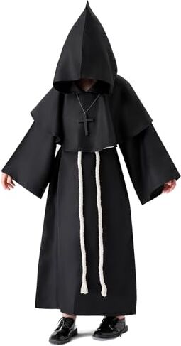 Banchif Costume Bambino Medievale Halloween Bambino Costume Monaco Sacerdote Accappatoio Costume di Carnevale da Bambino Con Cappuccio e Monaco Medievale.(Nere,120)