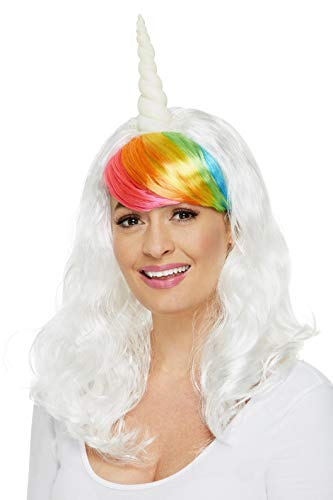 SMIFFYS Parrucca da unicorno da donna, Bianco, Frangia arcobaleno
