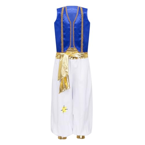 renvena Bambino Abito Principe Arabo Oriente Sultano Costumi Carnevale Halloween Gilet+Pantaloni Set Costume Genio della Lampada Cosplay Travestimenti Gioco di Ruolo Blu B 5-6 anni