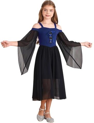 MSemis Vestito Rinascimentale Bambina Abito Carnevale con Manica Svasata Vintage Vestito da Principessa Medievale Cosplay Travestimento Costume di Halloween Fancy Dress Blu reale I 11-12 anni