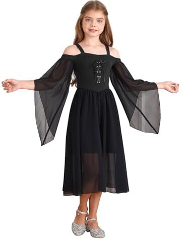 MSemis Vestito Rinascimentale Bambina Abito Carnevale con Manica Svasata Vintage Vestito da Principessa Medievale Cosplay Travestimento Costume di Halloween Fancy Dress Nero I 15-16 anni