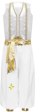 renvena Bambino Abito Principe Arabo Oriente Sultano Costumi Carnevale Halloween Gilet+Pantaloni Set Costume Genio della Lampada Cosplay Travestimenti Gioco di Ruolo Bianco B 7-8 anni