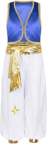 renvena Bambino Abito Principe Arabo Oriente Sultano Costumi Carnevale Halloween Gilet+Pantaloni Set Costume Genio della Lampada Cosplay Travestimenti Gioco di Ruolo Blu C 15-16 anni