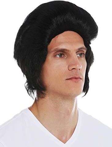 WIG ME UP 7105-P103 Parrucca Carnevale Halloween Uomo Anni 50 Rockabilly Nero Ciuffo Basette