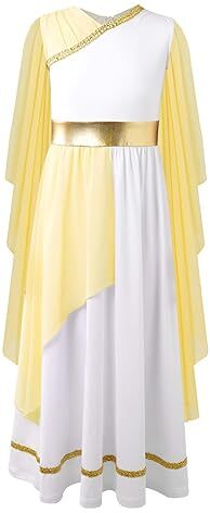 Mufeng Costume da Angelo Greca per Bambina Costume Medievale Maxi Toga Dea Greca Costume Dea Romana Abito da Principessa Costume di Halloween Carnevale A Giallo 11-12 anni