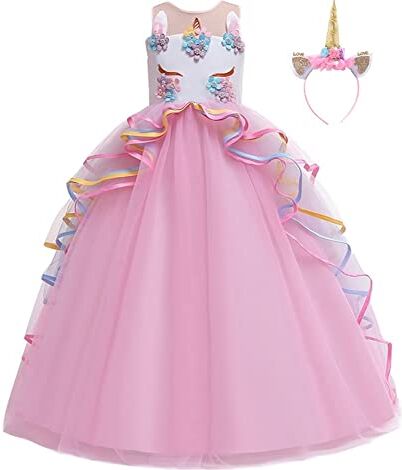 FMYFWY Costume Carnevale Unicorno Principessa Ragazze Compleanno Cerimonia Arcobaleno Lungo Maxi Tulle Vestito Senza Maniche Natale Halloween Cosplay Festa Abiti con Cerchietto Unicorno Rosa 14-15